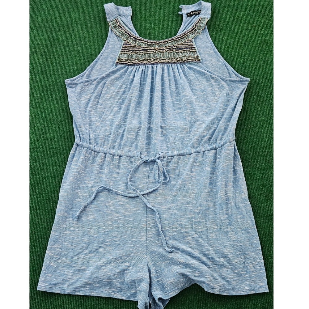 Venus Blue Embellished Neck Drawstring Waist Romper‎ Plus Size Spring Summer
